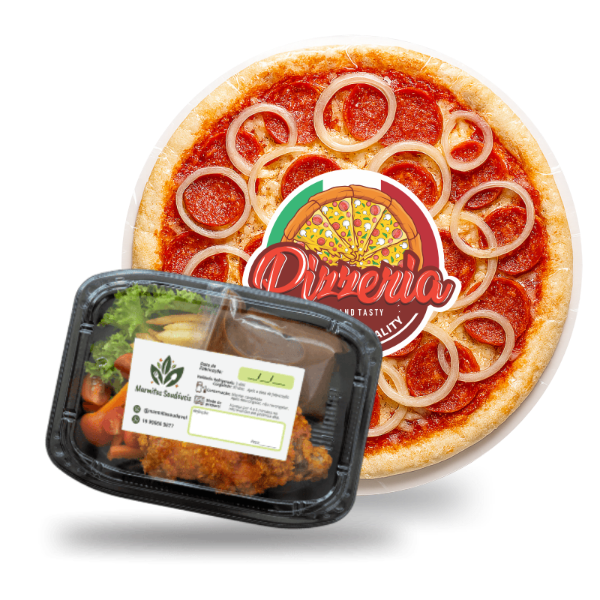 Marmita e pizza com rotulos personalizados